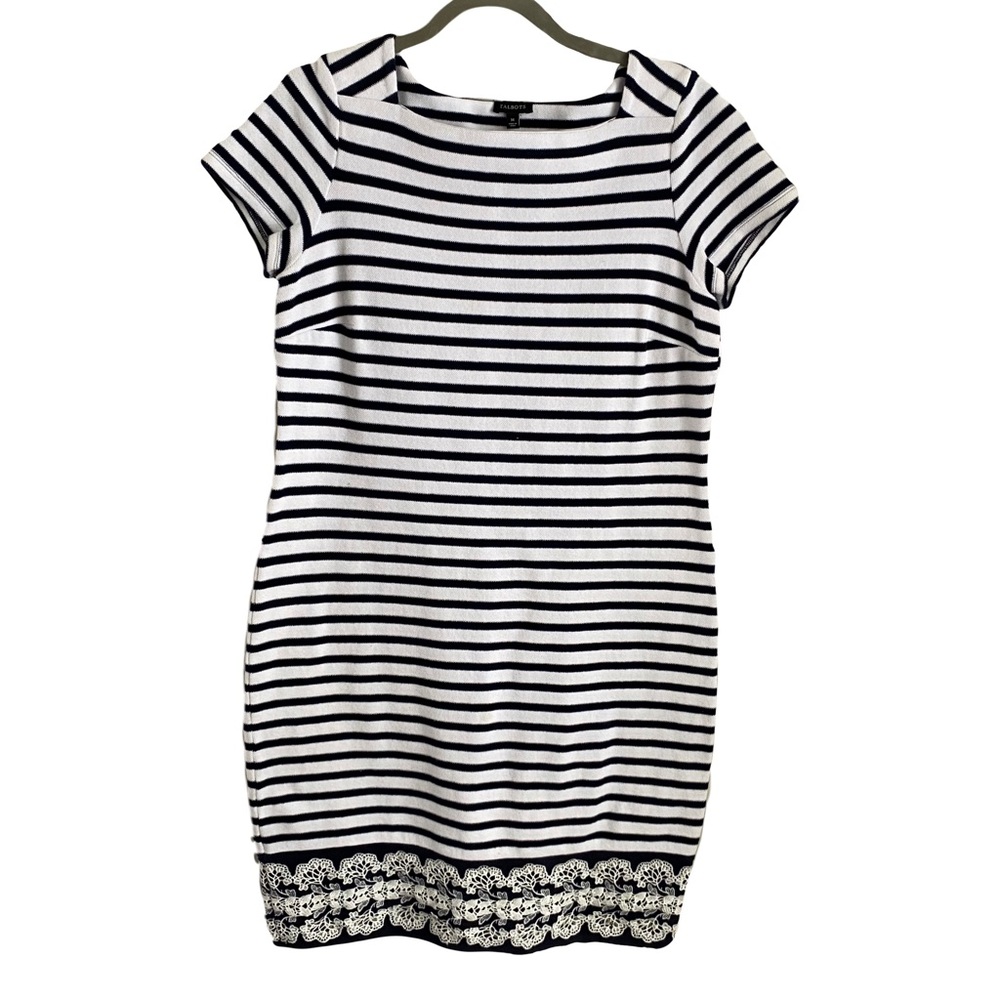 Talbots Black White Striped Lace‎ Hem Cotton Shift Office Career Dress Medium